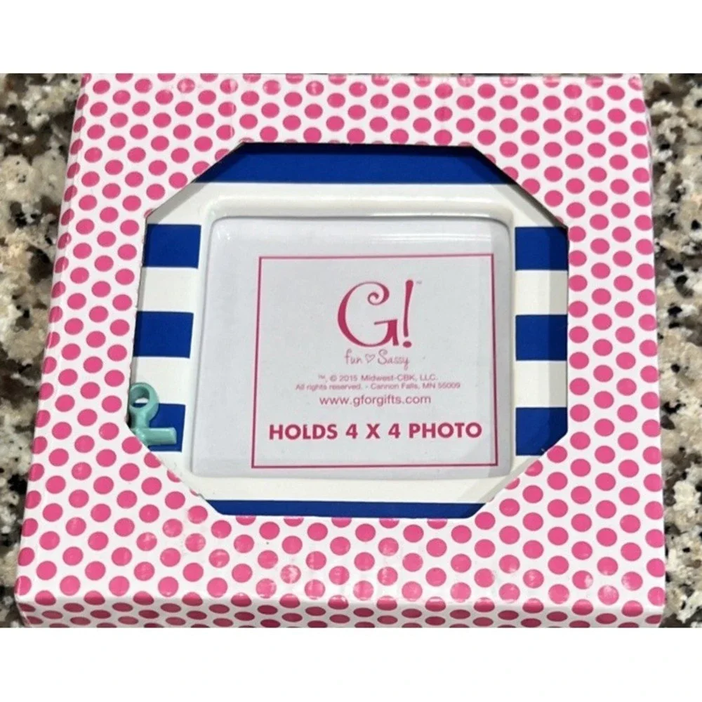 New G! Gifts Picture Frame Photo Blue White Stripe Ceramic Anchor Nautical‎